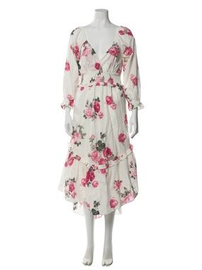 Love Shack Fancy White Floral V-Neck Tiered Midi Dress with Pink Rose Print